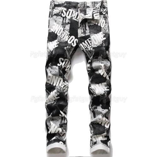New European and American Mens Fashion Letter Printed Jeans Hip Hop Streetwear Stretch Denim Pants Pantalons Pour Hommes