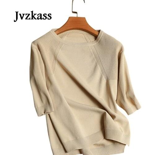 Jvzkass 2019 ice silk knit female head short paragraph bottoming shirt seven points sleeve loose round collar summer female Z166