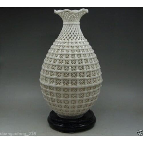 Chinese Collection Handwork Carved openwork Dehua White Porcelain Vase & Base