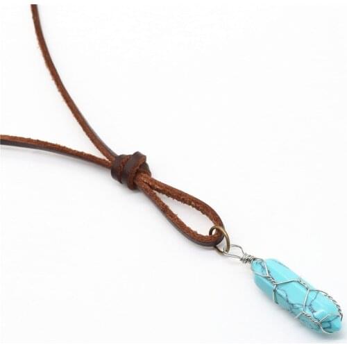 Brown Genuine Leather Rope Sweater Chain Opal Topazs Turquoises Crystal Pillar Stone Men Pendant Necklace Women Homme Jewelry