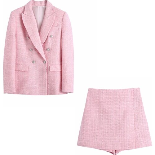 Professional Casual Womens Pants Suit 2-piece High-quality Double-breasted Pink Jacket Slim High Waist Skirt Pants