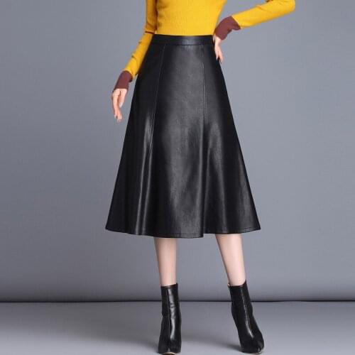 Leather Skirt Autumn Fashion Soft Sheepskin Pu Leather Skirt High Waist Zipper A Line Black Long Skirts Female Plus Size 5XL W82