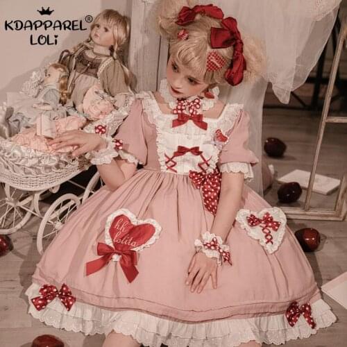 Sweet Girls Lolita OP Dress Cute Heart Patches Polka Dot Bows Lace Ruffles High Waist Square Collar Cosplay Birthday Party Women