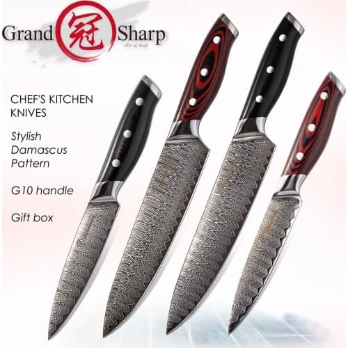 Grandsharp Chef Knife Set Utility Slicing Kitchen Knives 67 layers Japanese Damascus Stainless Steel Red Black Handle Cooking