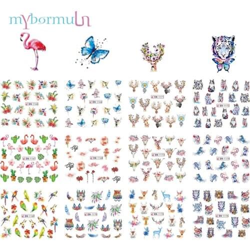 12 Types Water Nail Stickers butterfly Flamingo/parrot/tiger/deer/flower Pattern Sliders Wraps Nail Art Decor Tips BN1165-1176