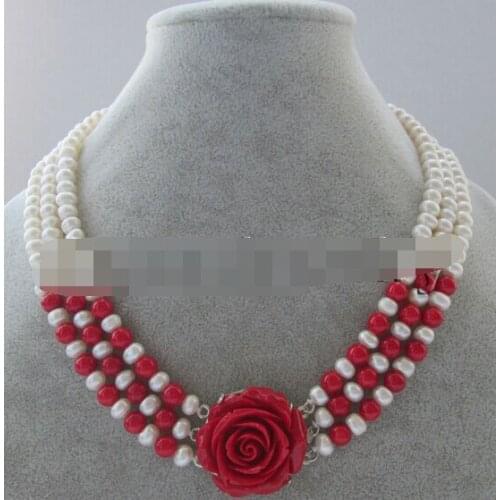 17-19 " 3row 7-8mm natural white freshwater pearl & red coral necklace - flower