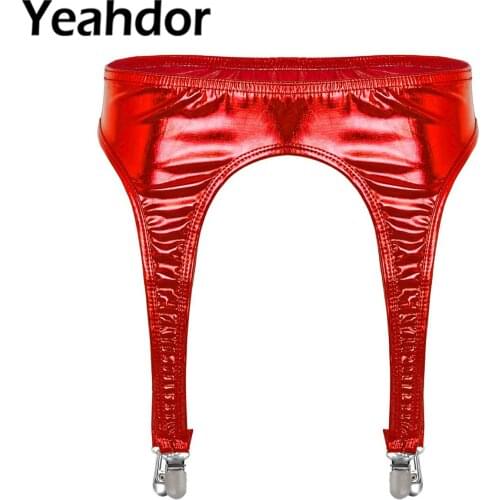 Sexy Womens Shiny Metallic Garter Belt with Four Metal Duck-Mouth Clips Suspender for Thigh High Stockings Erotic Sex Wear