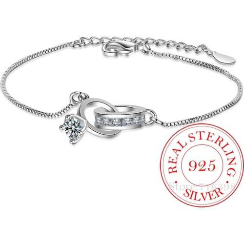 Simple Fashion 925 Sterling Silver Crystal Double Rings Charm Bracelet For Women wedding party Jewelry Gift pulseira jljflka