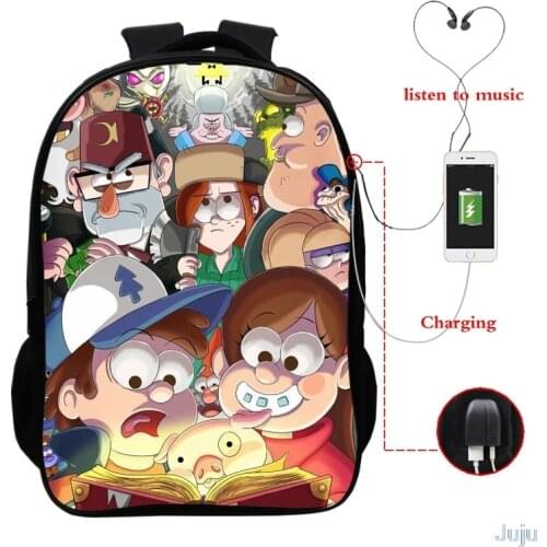 16 Inch Gravity Falls USB Charging Backpack Children High Quality School Bag Teens Rucksack Cartoon knapsack Mochilas
