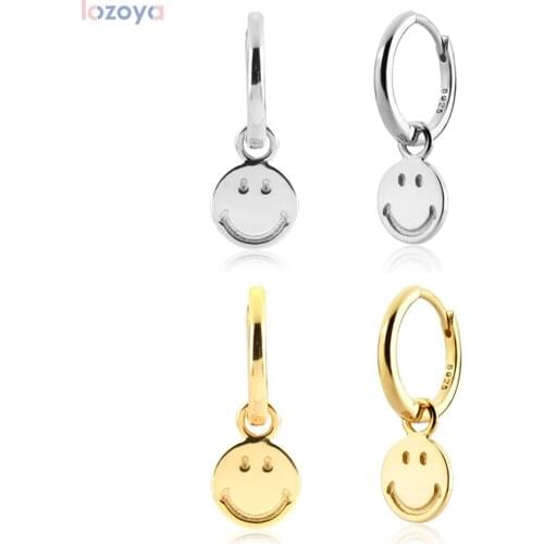 LOZOYA New 925 Sterling Silver Gold 8.5mm Pure Piercing Hoops Jewelry Smile Happy Face Drop Earring Smiley Clips Gift For Women