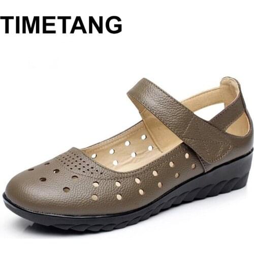 TIMETANG Summer Fashion Shoes Genuine Leather Ladies Sandals Women Cow Leather Hollow Wedges Woman Sandals Plus Size