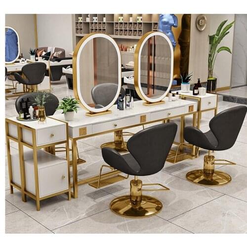 Barber shop marble desktop mirror net celebrity beauty salon mirror table hair salon special mirror table with light integrated