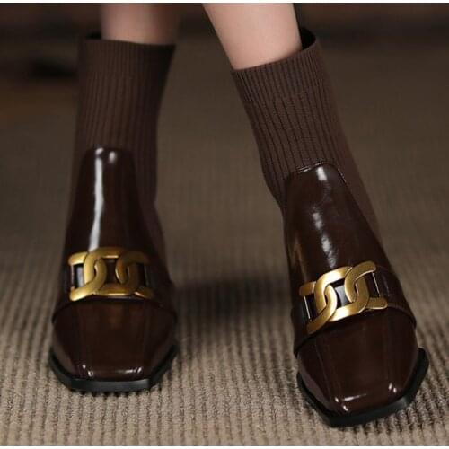 Women Ankle Boots Slip-On Alloy Chain Square Toe PU Leather Knitted Lady Boots Female Fashion Low Heel Boot Womens Shoes Autumn