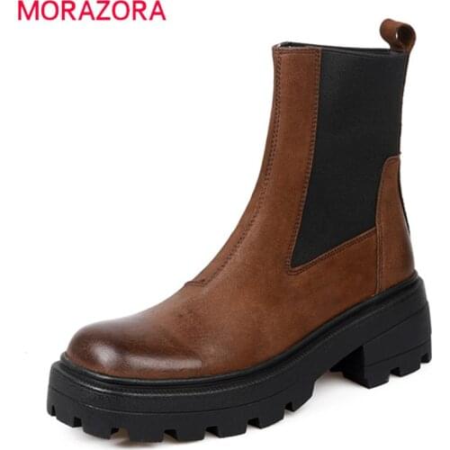 MORAZORA Genuine leather boots thick heels square toe mixed colors ladies shoes autumn winter ankle boots for woman