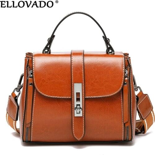 Ellovado Womens Branded Bags Classic Oil Wax Skin Bags Crossbody Bag Leather Retro Color Shoulder Bag Ladies Square Bag