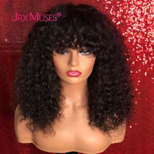 Jerry Curly Human Hair Wigs For Women With Bangs Glueless Natural Black Colored Brazilian Remy Hair Full Machine Made Wigs
