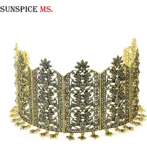 Sunspicems Retro Golden Algerian Headpiece Head Chain Hair Jewelry for Women Wedding Banquet Crown Gray Rhinestone Bridal Gift