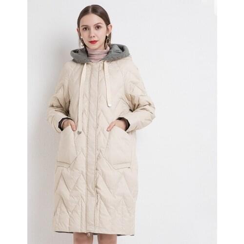 2021 Winter Thick Warm Knit Patchwork Down Coat Women Lady Hooded Long Sleeve Casual White Duck Puffer Jacket Outwear