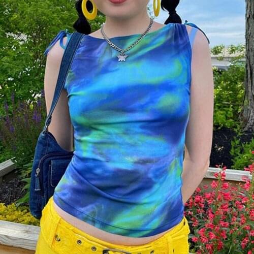 2021 Fashion Sexy Blue Tie-dyed Print Tank Top Women Sleeveless O Neck Slim Fit Crop Top Holiday Summer Casual Camis Streetwear