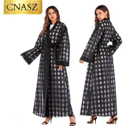Muslim UAE 2019 long sleeve dubai black plaid abays for women kimono cardigan hijab dress islamic clothing