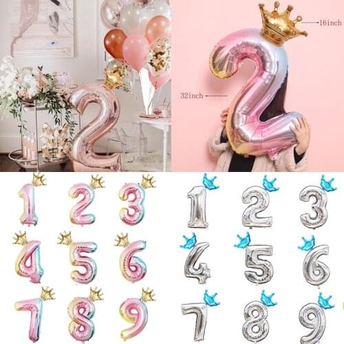 2pcs Big Size 32inch Gold digital Silver number Foil Balloons adult Kids birthday party Wedding decorations Baby Shower crown