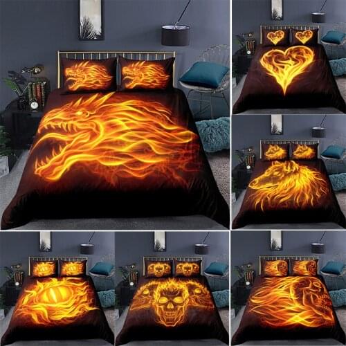 3D Print Quilt Duvet Cover Gold Flame Animal Shape Tiger Wolf Skull Fire Black Bedcloth Home Textile Microfiber 2/3 Bedding Set