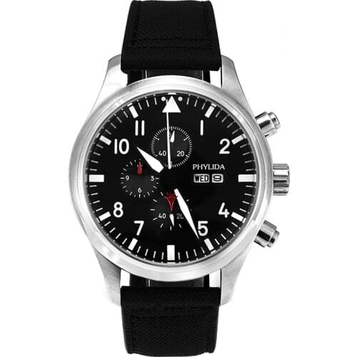 5ATM MIYOTA Black 45mm Pilot Watch Chrono Day/Date Domed Sapphire Crystal Leather Strap