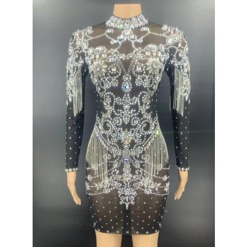 Sparkly Crystals Chains Evening Dress Black Stones Fringes Singer Birthday Party Stage Sexy Transparent Dresses in stock