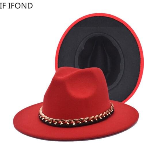 British Style Black Red Patchwork Felt Cap Men Women Wool Jazz Fedora Hats Wide Brim Gentleman Wedding Hat