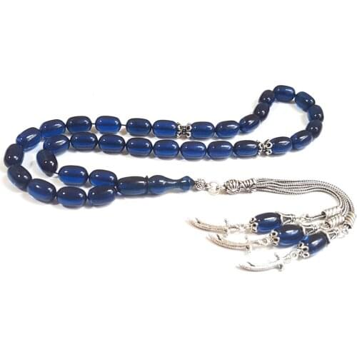 Rosary with 925 Sterling Silver Tassel and Squeeze Blue Amber Stone Natural Stone Beads Prayer Islamic Muslim Tasbih