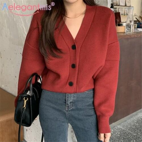 Aelegantmis Button Up Soft Warm Oversized V Neck Cardigan Women Korean Classic Cozy Female Knitted Cardigan Sweater V Neck Chic
