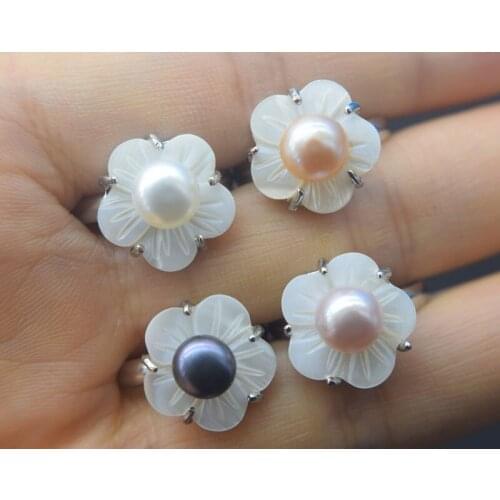 Freshwater pearl ring white/black/gray coin ring and white shell flower 7.5# wholesale beads nature