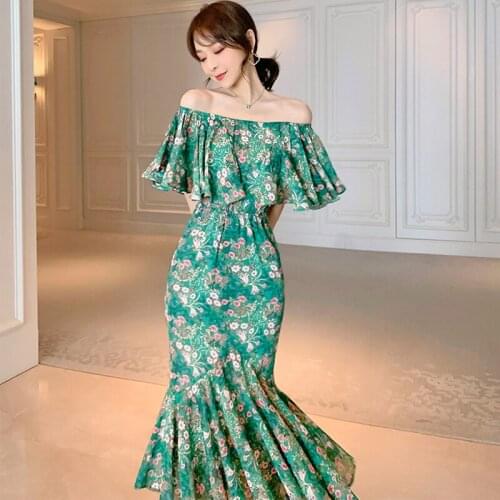 Fashion Summer Vintage Slash Neck Midi Party Dress Ladies Elegant Streetwear Casual Ruffle Floral Vacation Mermaid Dress Robe