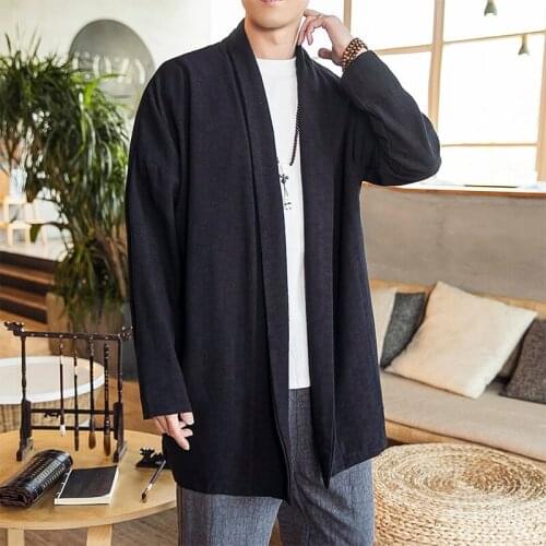 Chinese Style Men Outerwear Trench Coat Cotton Lapel Long Sleeve Open Stitch Cardigan Casual Vintage Jacket Streetwear KK3045