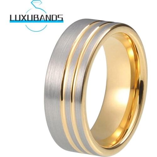 Gold 8MM Wedding Rings For Men Wemen Tungsten Engagement Bands Offset Two Grooved Brushed Finished Comfort Fit