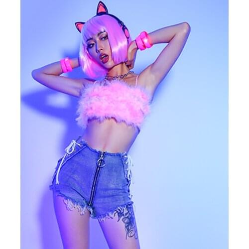 Sexy Fluffy Pink Bra Denim Shorts Women Jazz Pole Dance Clothing Nightclub Female DJ Costume Party Gogo Dancer Rave Wear BL6392
