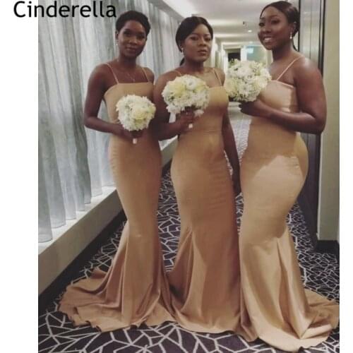 Bridesmaid Dresses Champagne Spaghetti Straps Spandex Satin Mermaid Bridesmaid Dresses With Zipper Wedding Party Dresses