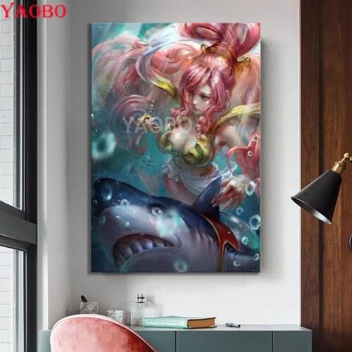 Full drill square diamond painting Cartoon mermaid girl and shark 5D DIY diamond embroidery Cross Stitch Full Round Mosaic Decor