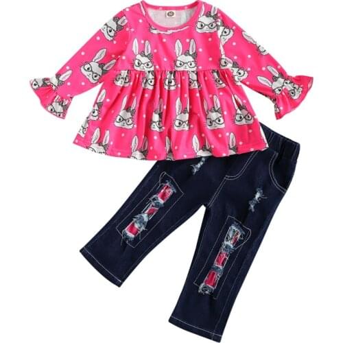 Pudcoco 1-6 Years Cartoon Rabbit Print Newborn Baby Girls Toddler Kids Petal Long Sleeve T-Shirt Top+Ripped Jeans Pants 2Pcs Set