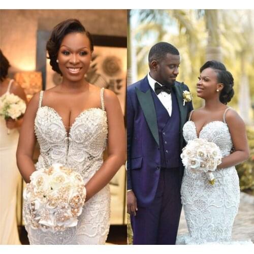 Luxury Peral Beded Spaghetti Mermaid Wedding Dresses Vintage V Neck Open Back Crystal Beaded Black Girl Bridal Gown 2022