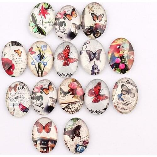 Handmade 4 Size Glass Mixed Butterfly Oval Flatback Cameo Cabochon Domed DIY Jewelry Charm Photo Pendant Setting