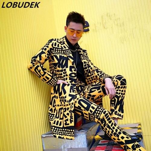Hip Hop Stage Suits Men Long Casual Slim Fit Letter Printed Coat Pants 2 Piece Set Nightclub Tide Male Singer Stage Concert Suit