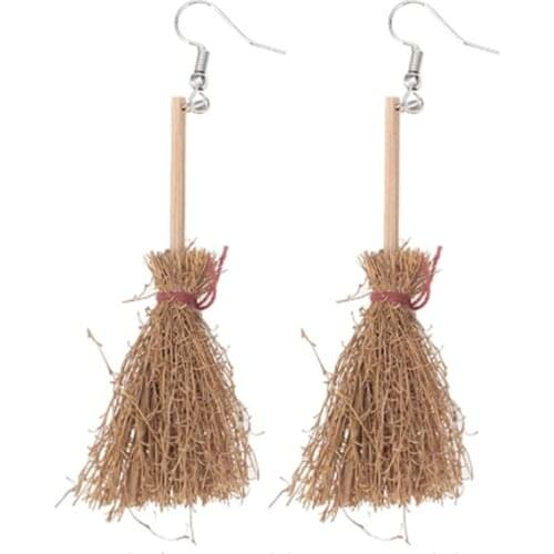 Natural Hand-Woven Witch Broom & Sorghum Pole Earrings Halloween Jewelry - for Women- Spooky Witchs Besom in Wood Color 1.5*6CM