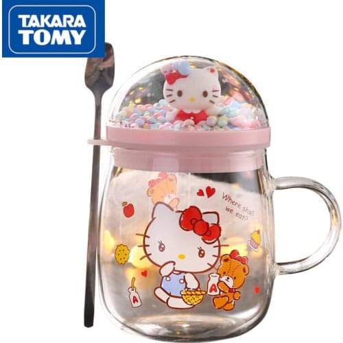 TAKARA TOMY fashion cartoon Hello Kitty transparent glass with lid tea cup cute with handle scale