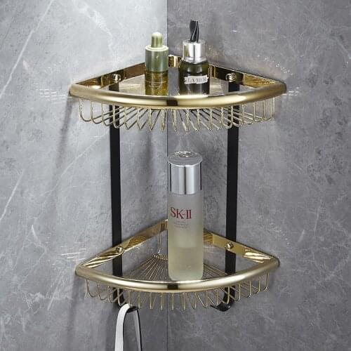 Bathroom Corner Shelf Shower Gel Rack Shampoo Caddy Holder Copper Wall Mounted Nail Punched Gold 1-2 Tier Basket Bath Hardware