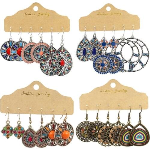 Vintage Ethnic New Big Round Bronze Earrings Set For Women Bohemian Flower Shell Tassel Geometric Water Drop Earring Jewelry