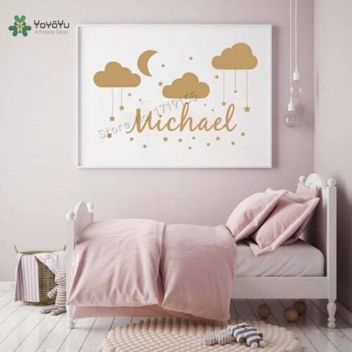 YOYOYU Wall Decal Clouds Moon and Stars with Personalized Name Wall Stickers Cartoon Nursery Baby Bedroom Custom Decor DIY ZW483