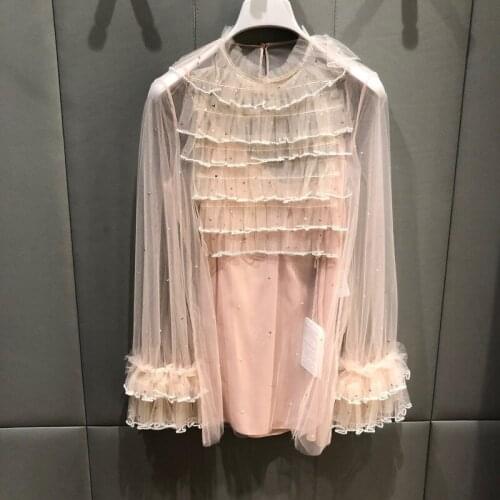 Sweet Women High Quality Real Silk Lining Pink Blouses 2019 Summer Fall Girls Flare Sleeve Handmade Beading 2 Pieces Shirt Y340