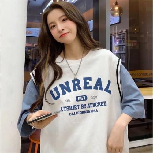 Korean Style Summer New Fake Two Blue Wthie Stitching Women TShirt Basketball Clothes Sweet Cute Short Sleeve Big Size Loose Top