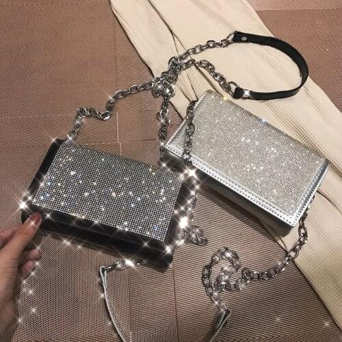 Fashion Silver Satin Women Shoulder Bags Designer Chain Shiny Diamonds Female Crossbody Bags Small Flap Lady Purses Lady Totes